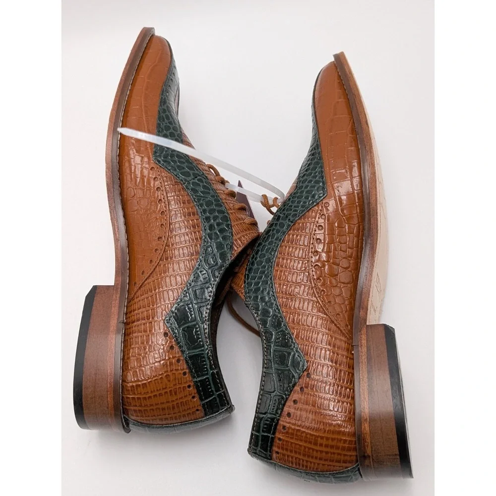 Stacy Adams Tallero Tan Multi Croco Print Leather V-Tip Oxford Men Size 7.5